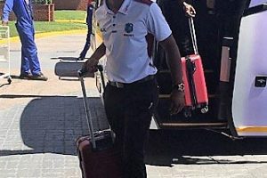 West Indies batsman Shai Hope alights from the bus following the squad’s arrival in Zimbabwe.
