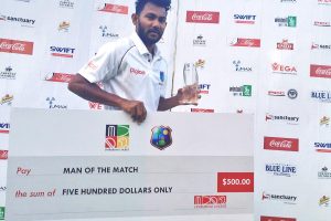 Guyana’s Devendra Bishoo’s nine-wicket match haul ensured victory for the West Indies in the first test against Zimbabwe yesterday. (Photo courtesy of Cricket West Indies)