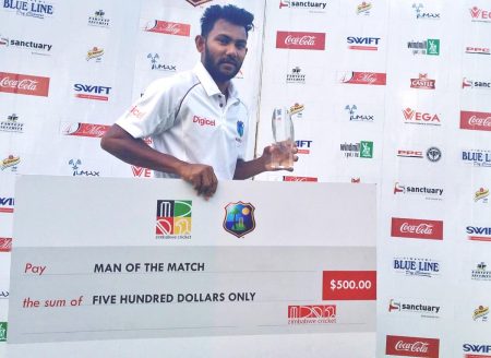 Guyana’s Devendra Bishoo’s nine-wicket match haul ensured victory for the West Indies in the first test against Zimbabwe yesterday. (Photo courtesy of Cricket West Indies)