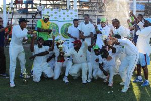 Champions! Essequibo players pose for a team photo after capturing the 2017 Guyana Cricket Board (GCB) Jaguars three day league yesterday (Royston Alkins photo)