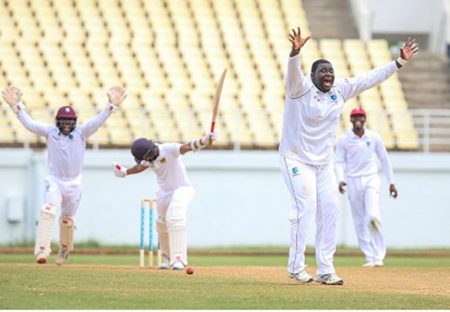 Off-spinner Rahkeem Cornwall appeals for a wicket during the second four-day “Test” against Sri Lanka A last week. (Photo courtesy CWI Media) 
