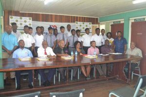 Representatives from the Guyana Cricket Board, the Demerara Mutual Life Assurance Society and others at the launch of the third National Secondary Schools Cricket League.