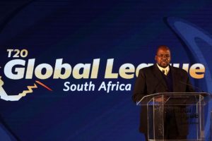 Cricket South Africa President Chris Nenzani speaks at the inaugural player draft of the T20 Global League T20 Global League