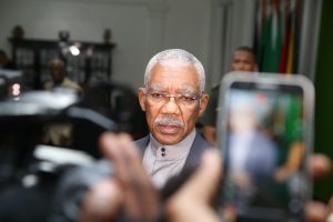 President David Granger facing reporters after the appointment of retired Justice James Patterson as the new Gecom Chairman. (Keno George photo)