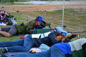 Locked and Loaded-The competing marksmen firing at the 1000 yard target in the West Indies Fullbore Shooting Council Championship yesterday at the Timehri Rifle Ranges. (Orlando Charles photo)