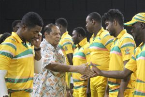 Prime Minister Moses Nagamootoo greeting members of the Guyana Amazon Warriors team which played in last night’s hurricane relief T20 match at the Providence Stadium. At left is the captain of the Guyana team Leon Johnson. Proceeds will go to those Caribbean territories ravaged by hurricanes Irma and Maria.