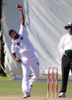 Veerasammy Permaul bagged his fifth 10-wicket haul to guide the Guyana Jaguars to a heavy triumph over the Jamaican Scorpions (Royston Alkins Photo)

