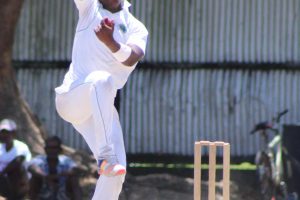 The 16-year-old left-arm spinner Ashmead Nedd got good purchase on a wearing pitch during his damaging spell against West Demerara yesterday. (Royston Alkins photo) 