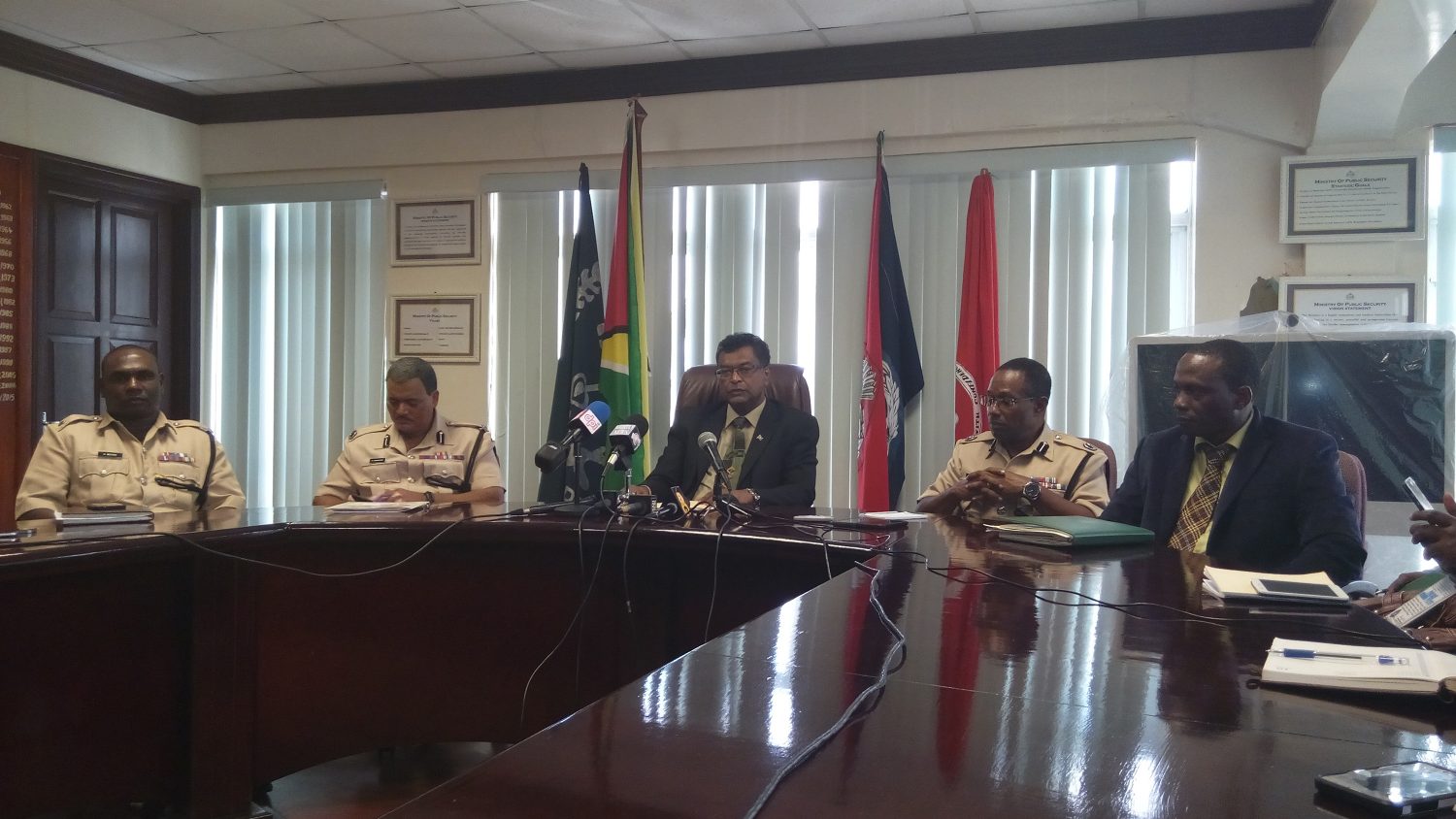 Minister of Public Security Khemraj Ramjattan (centre) addressing reporters yesterday. Seated with him are (from left) Traffic Chief Dion Moore, acting Police Commissioner David Ramnarine, Head of Operations Assistant Commissioner Clifton Hicken and acting Crime Chief Assistant Commissioner Paul Williams.
