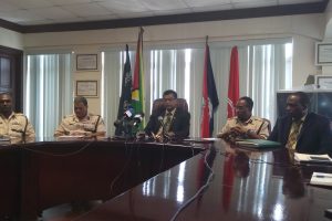 Minister of Public Security Khemraj Ramjattan (centre) addressing reporters yesterday. Seated with him are (from left) Traffic Chief Dion Moore, acting Police Commissioner David Ramnarine, Head of Operations Assistant Commissioner Clifton Hicken and acting Crime Chief Assistant Commissioner Paul Williams.
