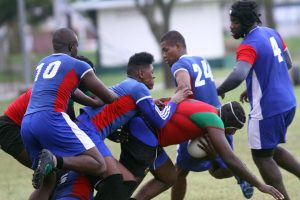 Action between the Guyana Defence Force and Falcons in Sunday’s GRFU’s Bounty Farm 15s league at the National Park. (Orlando Charles photo)
