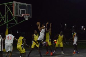 Shelroy Thomas of Colts attempts a layup against Plaisance Guardians during their first-division clash in the GABA League Championship best-of-three final series at the Burnham Court Saturday night.