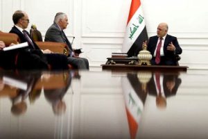 U.S. Secretary of State Rex Tillerson (2-L) listens as Iraqi Prime Minister Haider al-Abadi speaks during their meeting in Baghdad, Iraq October 23, 2017. REUTERS/Alex Brandon/Pool