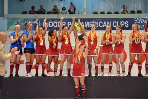 The Victorious USA team posing with the women’s title after defeating Argentina 2-1 in the finale of the Pan American Indoor Hockey Cup at the Cliff Anderson Sports Hall.
