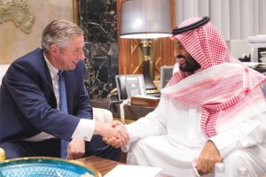 Saudi Crown Prince Mohammed bin Salman shakes hands with Klaus Kleinfeld after Kleinfeld was appointed as NEOM’s Chief Executive Officer, in Riyadh, Saudi Arabia October 24, 2017. Saudi Press Agency/ Handout via REUTERS