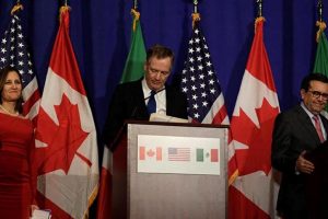 From left are: Canada’s foreign minister, Chrystia Freeland, U.S. Trade Representative Robert Lighthizer and Mexican Economy Minister Ildefonso Guajardo (Reuters photo)