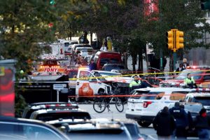 A Home Depot truck which struck down multiple people on a bike path, killing several and injuring numerous others, is seen as New York city first responders are at the crime scene in lower Manhattan in New York, NY, U.S., October 31, 2017. REUTERS/Brendan McDermid