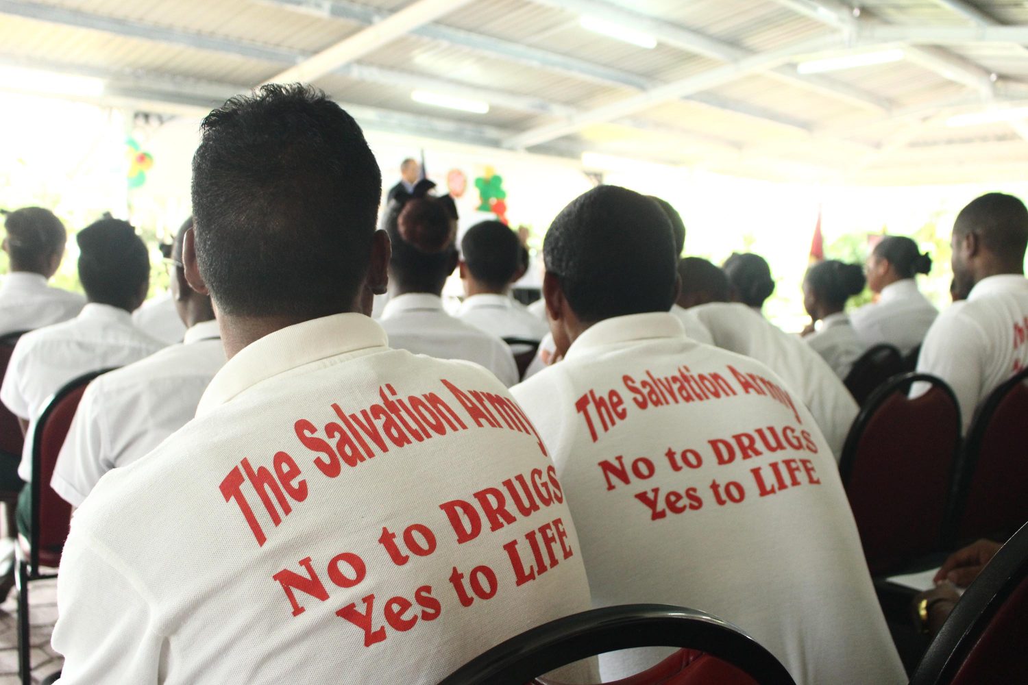 Youths from the Salvation Army Drug Rehabilitation Centre at the Georgetown Club yesterday for the annual launch of the Salvation Army’s Christmas Kettle appeal (Keno George photo)