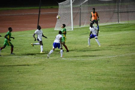 Action between GDF (green) and Buxton United in the GFF ‘Big Four Knockout Football Championship’ at the National Track and Field Centre, Leonora
