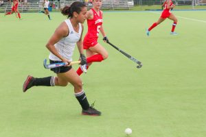 On the attack-Guyanese forward Kerensa Fernandes (right) racing down the right flank, with Bermuda’s Taylor Mullan in hot pursuit during their clash in the Central American and Caribbean Games 2018 Hockey Qualifiers
