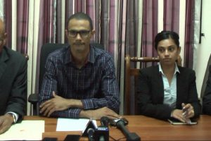 Coen Jackson (second from left), the teacher accused of sexually grooming and entering relationships with female students, held a press conference yesterday to address the allegations. With him are his team of lawyers. (From left) Jerome Khan, Coen Jackson, Priyanka Sookraj and Siand Dhurjon.