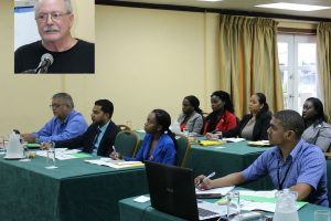 Foreign Service Officers and representatives from several ministries, government agencies and the private sector are benefiting from a series of workshops on “Aspects of Guyana’s Economic Diplomacy-Trade Negotiations” led by Ambassador Louis Poisson (inset) of the Canadian Executive Service Organization (CESO). These workshops are intended to provide attendees with a broader understanding of international trade agreements and how they impact local businesses. CESO is an international development organisation that focuses on sustainable change and growth by providing technical assistance through volunteers to strengthen the private sector as well as the systems and institutions that support it. (Ministry of Foreign Affairs photo)