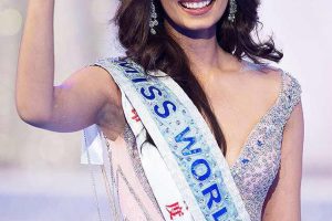 The new Miss World Manushi Chhillar
waves after being crowned