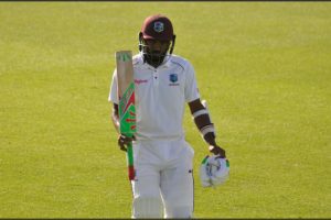 Sunil Ambris is dismissed for a magnificent 153 from 145 balls after striking 24 fours and one six. (Photo courtesy of CWI)
