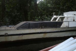 The vessel found by police on the bank of a creek at Annbisi River, Port Kaituma, North West District. (Guyana Police Force photo)