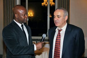 Garry Kasparov, the 13th world chess champion, being interviewed by world-famous grandmaster commentator Maurice Ashley recently at the New York Athletic Club. Kasparov was hosting a gala reception to mark the 15th anniversary of the renowned Kasparov Chess Foundation (KCF). The KCF curriculum programme provides public, private and home schoolers with instructional books to assist with mastering the game. The three-volume book set is in use by more than 3,500 schools across the 50 states in the US, as well as in a number of other countries. (Photo: Derrick Bryant)