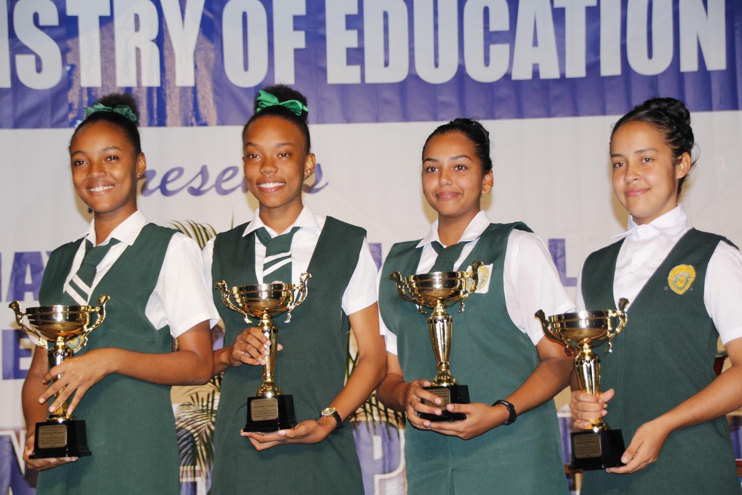 The winning team: From right to left Anzale Gonsalves (standby), Amabel Campbell, Tenisha Evelyn and Aaliah Corlette. (Ministry of Education photo)