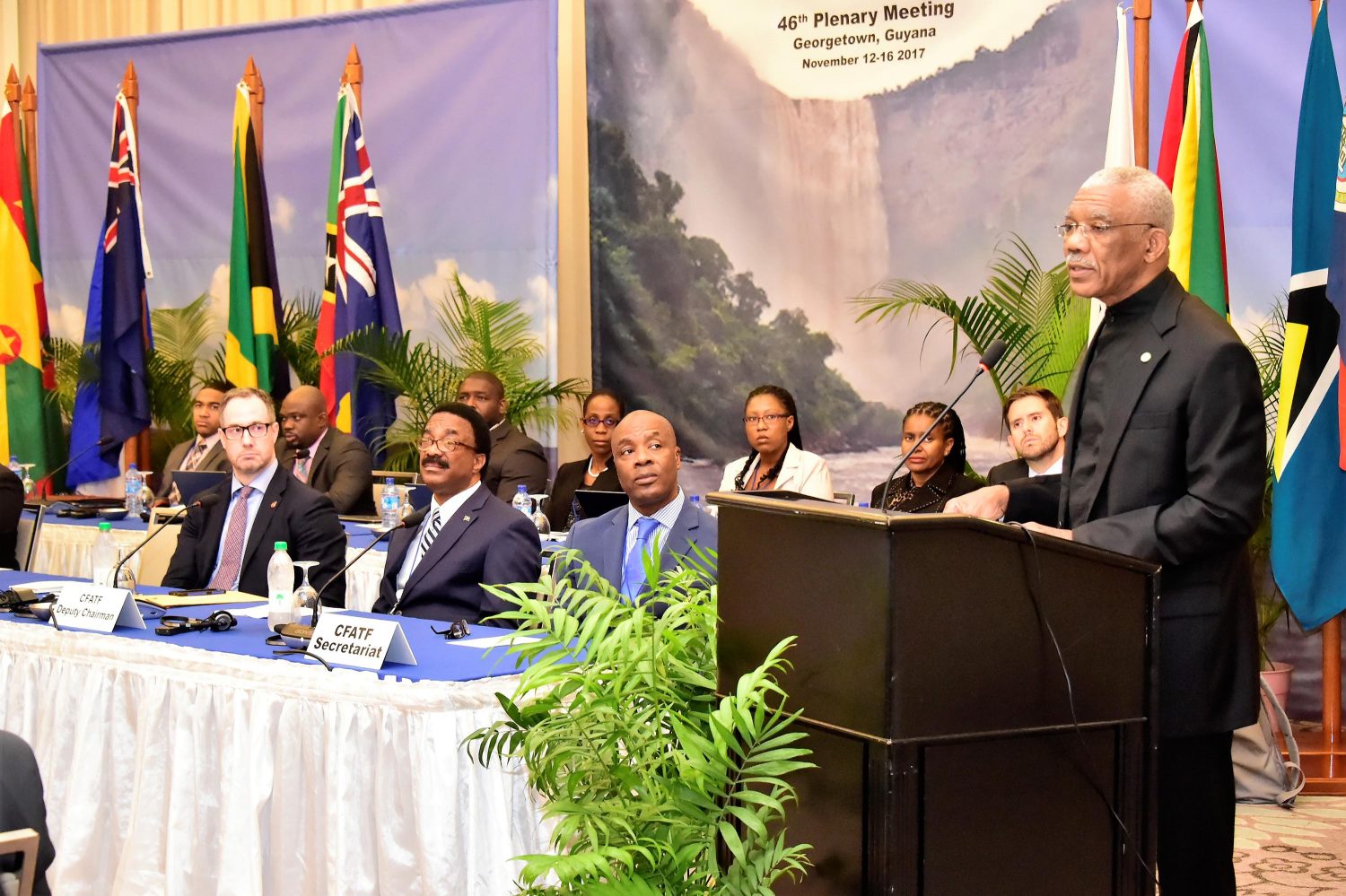 President David Granger addressing the CFATF conference yesterday. (DPI photo)