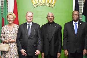 From right: Minister of State, Joseph Harmon, President David Granger, Germany’s Ambassador to Guyana,  Holger Wilfried Michael and his wife at State House after the Accreditation Ceremony (DPI photo)

