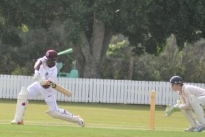 Shimron Hetmyer goes on the attack during his 119 on the opening day of the two-day tour match yesterday. (Photo courtesy CWI Media) 