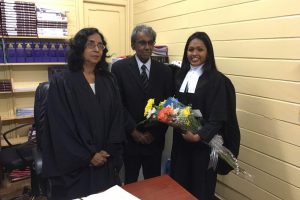 Miriam Andrew (right) with Justice Diana Insanally (left) and attorney Jainarayan Singh Jr at the presentation of petition to be admitted to the Bar