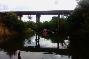 This Guyana Police Force photo shows the height between the Manari Bridge and the water that the vehicle plunged into after it lost control whilst crossing.
