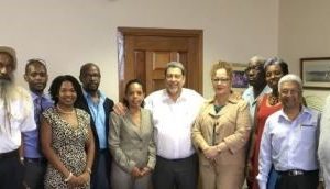 Flashback to the first regional consultation held in St. Vincent and the Grenadines. Head of Commission (4th from R) Prof. Rosemarie Belle-Antoine, members of the Commission  w St. Vincent PM Ralph Gonsalves (5th from R) and CARICOM  Secretariat Assistant Secretary General for Human and Social Development , Dr. Douglas Slater, in June 2016. (CARICOM photo)