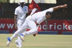 Fast bowler Shannon Gabriel, pictured here bowling during the second Test, managed to work up a good head of steam on the Queens Sports Club pitch. (Photo courtesy CWI Media)