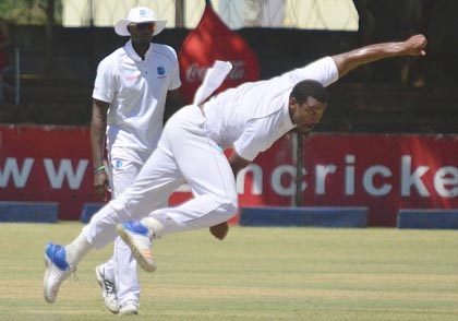 Fast bowler Shannon Gabriel, pictured here bowling during the second Test, managed to work up a good head of steam on the Queens Sports Club pitch. (Photo courtesy CWI Media)