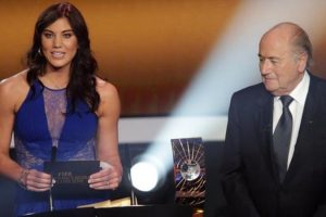Hope Solo and Sepp[ Blatter at the 2013 awards ceremony. (BBC photo)
