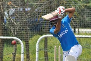 Opener Kraigg Brathwaite bats in the nets on Thursday as he prepares to take over as captain for the second Test against New Zealand. (Photo courtesy CWI Media) 