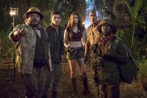 From left are Jack Black, Nick Jonas, Karen Gillan, Dwayne Johnson and Kevin Hart in “Jumanji: Welcome to the Jungle.”