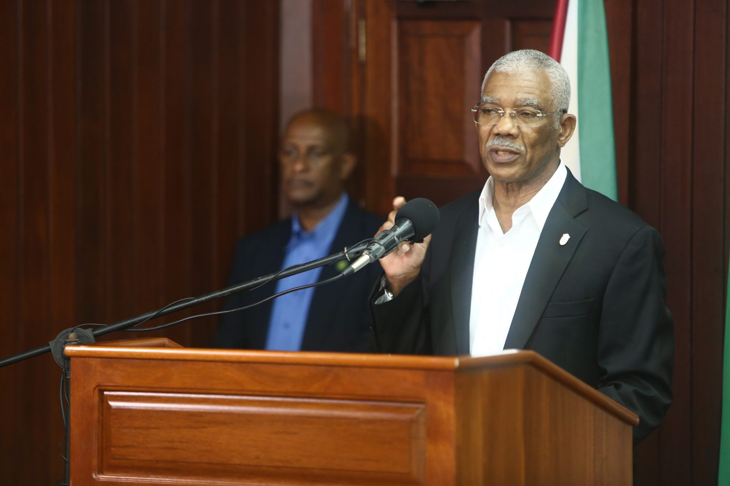 President David Granger speaking at the press conference today. (Keno George photo)