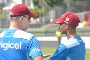 Head coach Stuart Law (left) chats with wicketkeeper Shane Dowrich during a training session on Thursday (Photo courtesy CWI Media) 