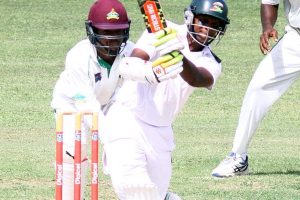  Shivnarine Chanderpaul was his usual dependable self with a fighting half century which ensured the Guyana Jaguars ended with a 77-run  lead on first innings. (Orlando Charles photo)
