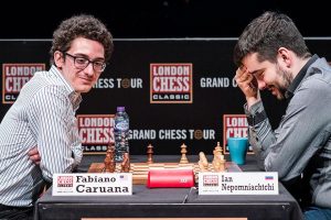 -American Grandmaster Fabiano Caruana (left) prevailed in a field of world-class chess players including the world champion, to win the exclusive 2017 London Chess Classic tournament. Caruana and Russia’s Ian Nepomniachtchi (right) tied for first in the tournament, and, therefore, were forced into a playoff. Caruana won. The prize money for the tournament was US$300,000. (Photo: Lennart Ootes)