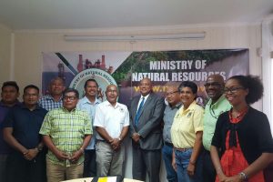 Minister of Natural Resources Raphael Trotman (fifth from right), toshaos and others at the meeting. (MNR photo) 