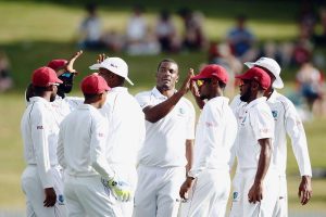 Speedster Shannon Gabriel (right) is about to be congratulated by his team mates after taking another wicket. (Photo courtesy CWI Media)
