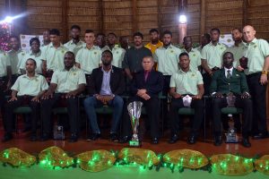 Winners row: The awardees from the Guyana Cricket Board’s annual awards ceremony held at the Umana Yana on Wednesday and officials who were in attendance. Seated third from right is Minister with responsibility for Youth, Culture and Sport, Dr George Norton. Seated fourth from right is the Director of Sport, Christopher Jones. Shimron Hetmyer and Shamaine Campbell were declared the top male and female cricketer respectively. (Orlando Charles photo)