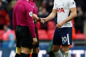 Tottenham’s Harry Kane shakes hands with the match officials as he celebrates after the match Action Images via Reuters/Paul Childs